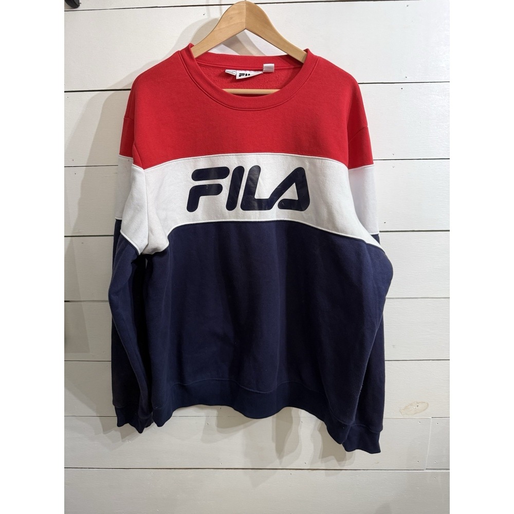Y2K FILA Mens Vintage Spell Out Colorblock Crewneck Sweatshirt Pullover Men 2XL